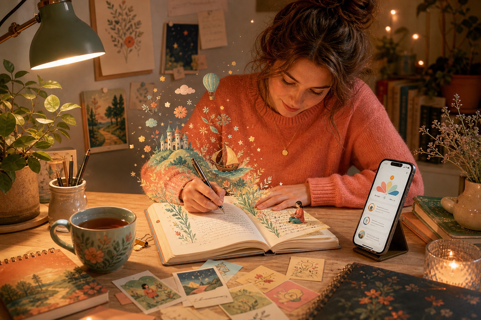 Writer in flow with blooming ideas